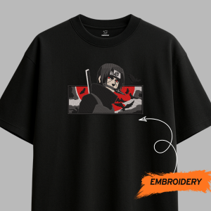 Uchiha Itachi Red Moon Embroidered Oversized Red Unisex Tshirt