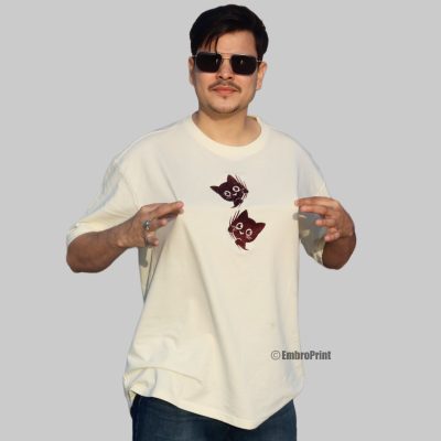 Peeking Cats Embroidered Oversized Off White Unisex Tshirt